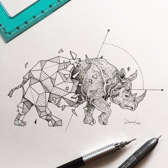 Huge grey-ink rhino in geometric style tattoo design