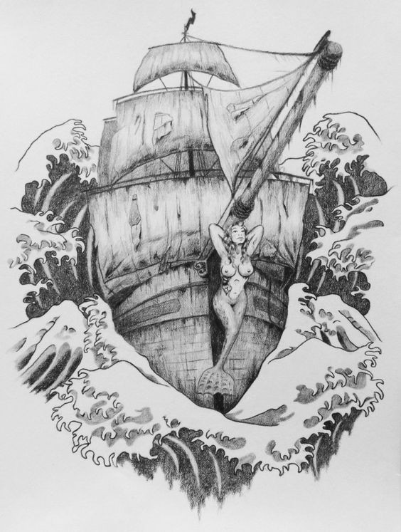 Huge grey-ink ship with a mermaid sailing in stormy water tattoo design