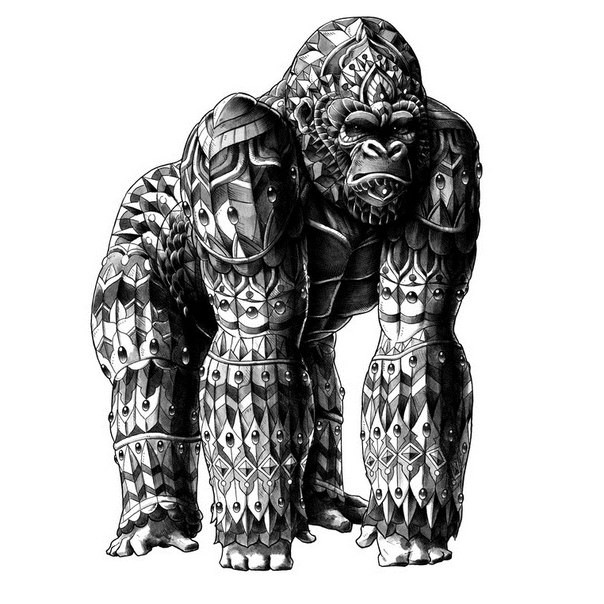 Huge grey armour gorilla in full size tattoo design