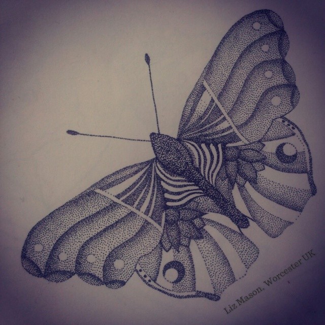 Huge grey dotwork butterfly tattoo design