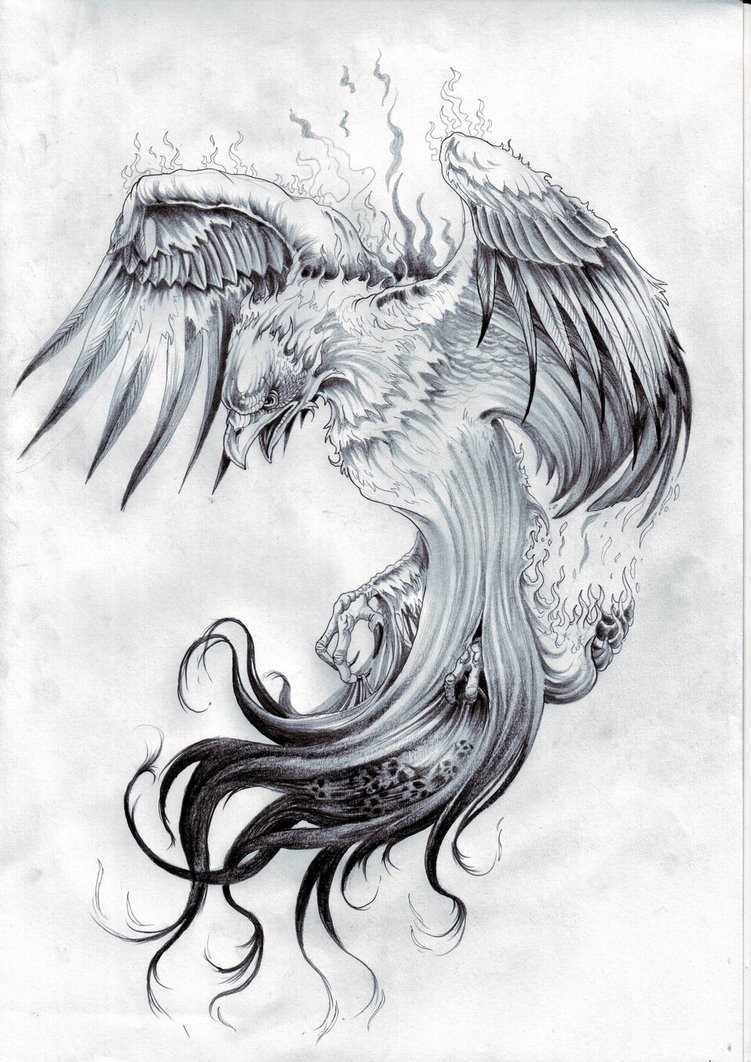 Huge grey flaming phoenix tattoo design