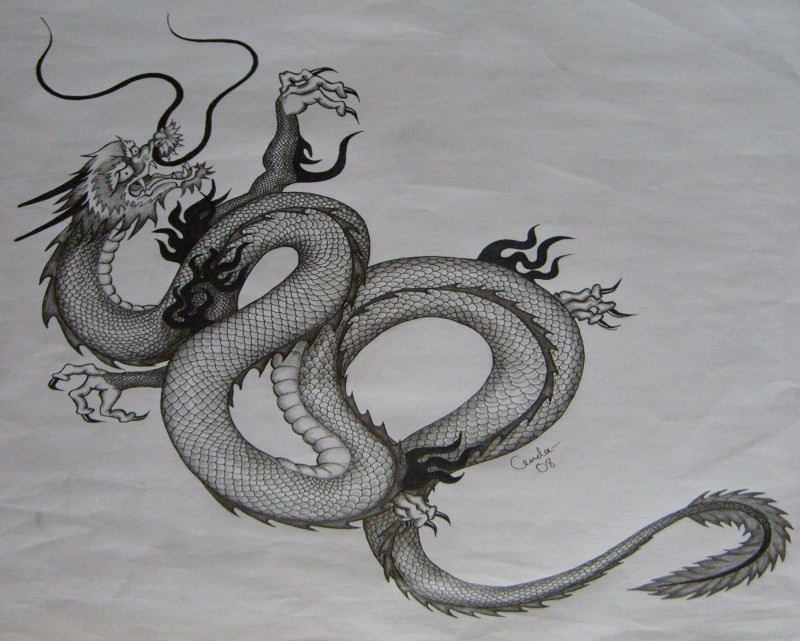 Huge long grey chinese dragon tattoo design