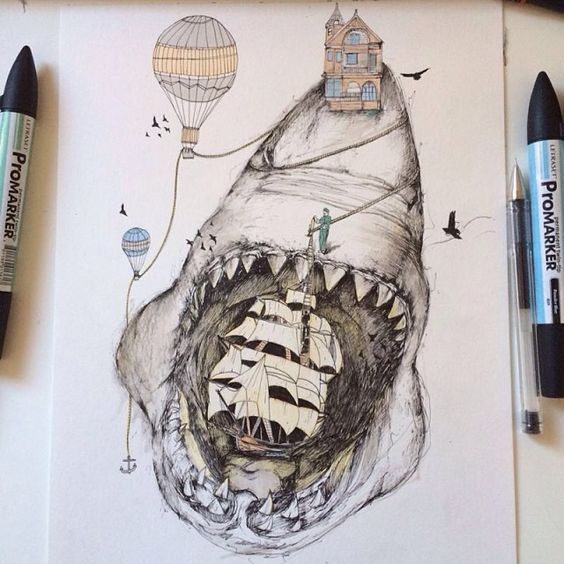 Huge shark with a ship in jaws tattoo design