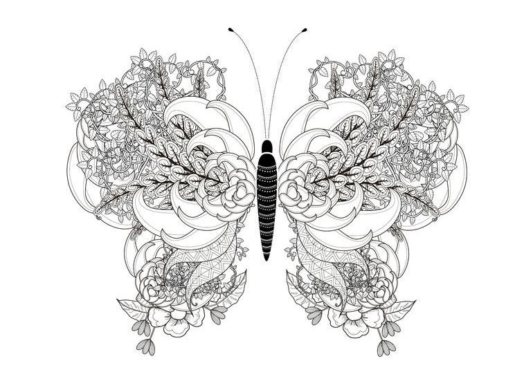 Huge uncolored floral butterfly tattoo design
