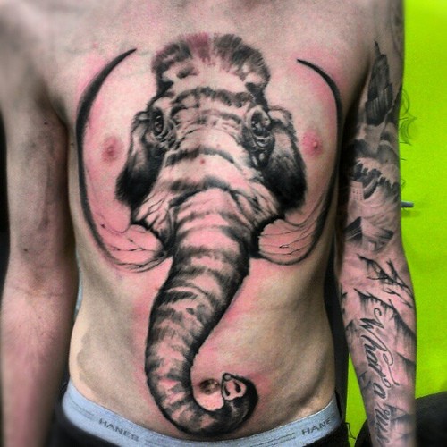 Huge uncolored mammoth head tattoo for men on chest