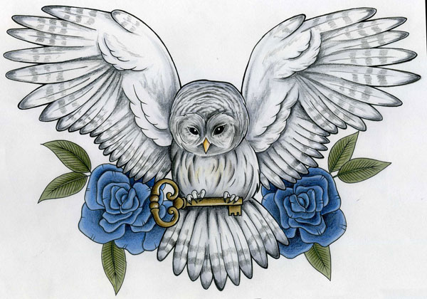 Huge white owl with a key and blue roses tattoo design