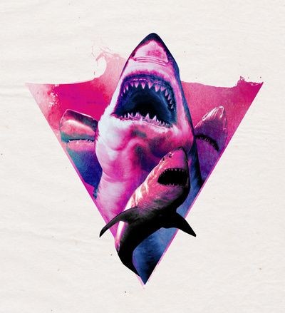 Hugry shark flock in purple watercolor triangle tattoo design