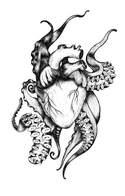 Human heart with octopus tentacles tattoo design