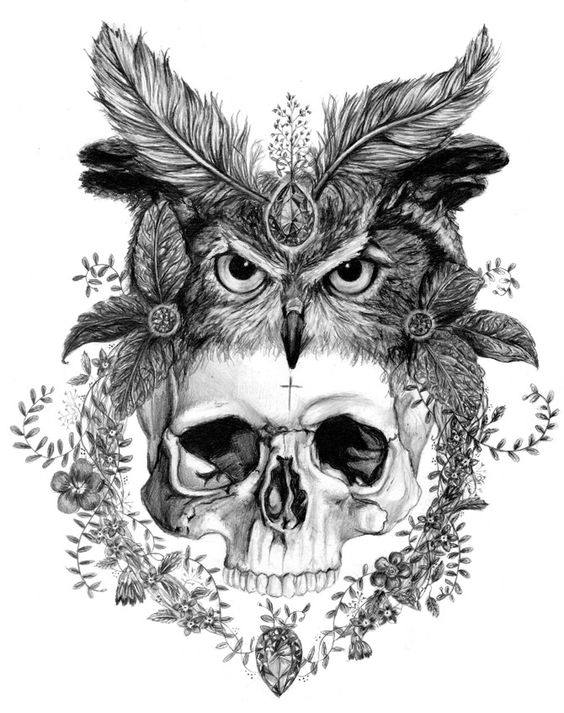 Human skull and owl decorated with feathers tattoo design