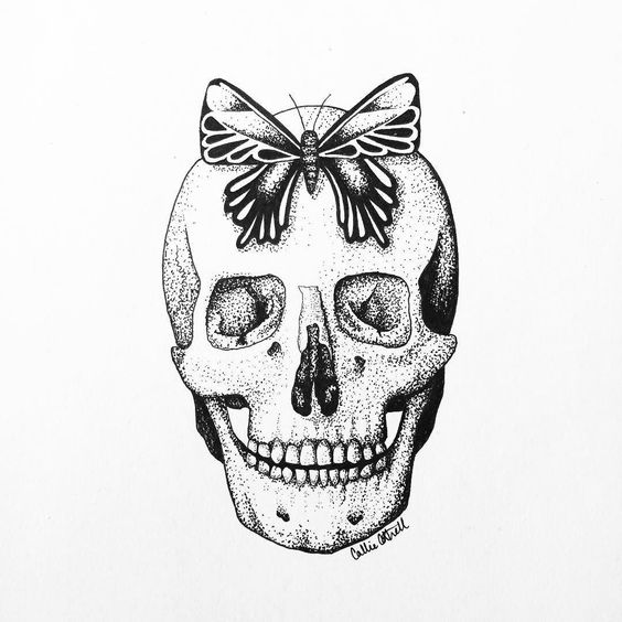 Human skull with butterfly bow decoration tattoo design