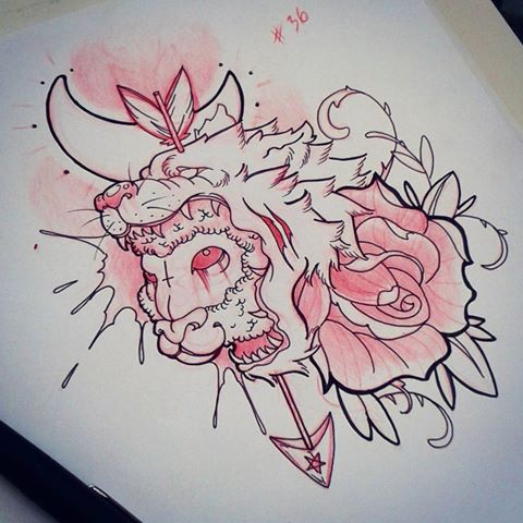 Hungry wolf eating a lamb with rose and moon details tattoo design