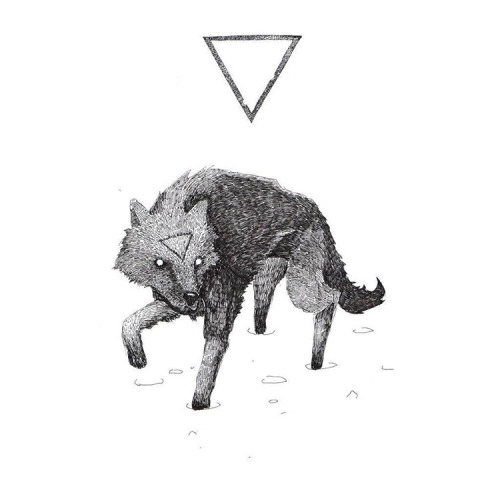 Hunting grey wolf with a triangle sign tattoo design