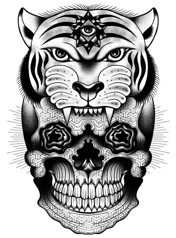 Illuminati-eyed tiger and geometric-patterned skull tattoo design