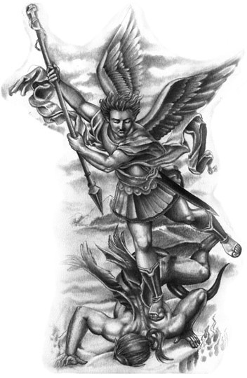 Impressive black-and-white angel fight tattoo design