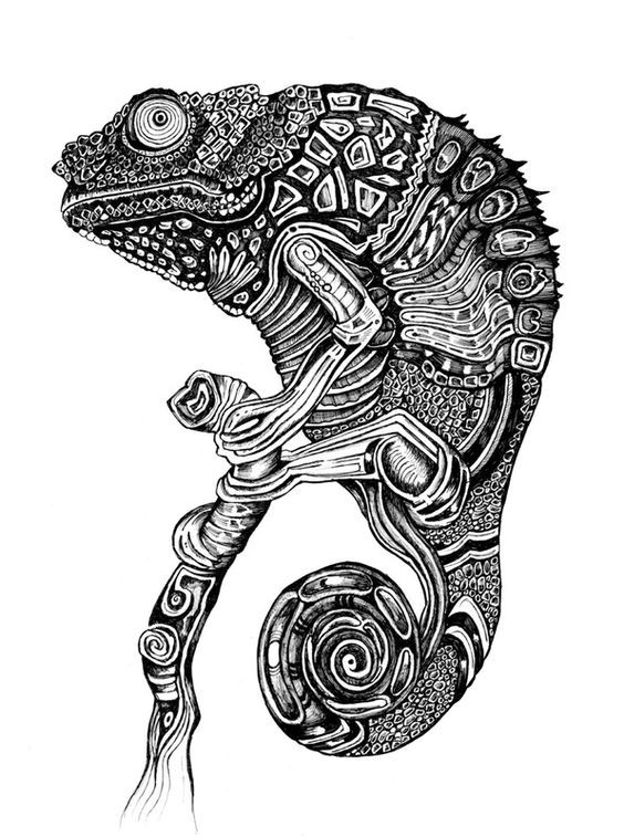 Impressive black-and-white sitting chameleon tattoo design