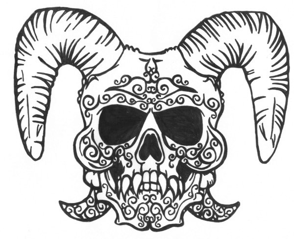 Impressionante design de tatuagem de demônio de tinta preta com grandes chifres por Kara Dark Thorn