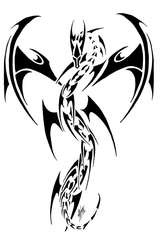 Impressive black-ink dragon in tribal style tattoo design