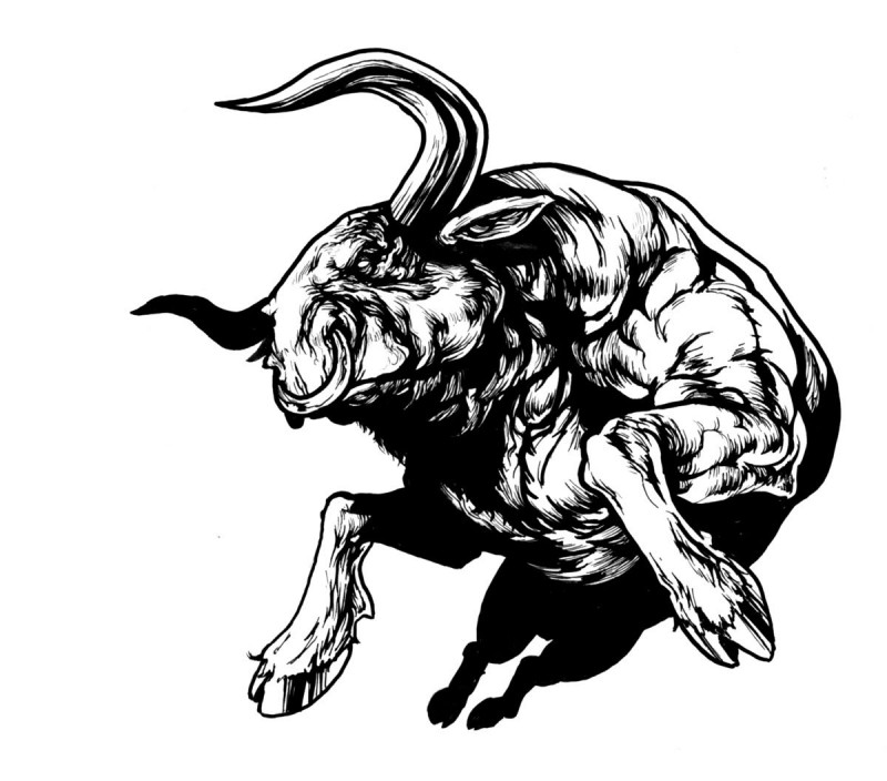 Impressive black running bull tattoo design by Suarezart