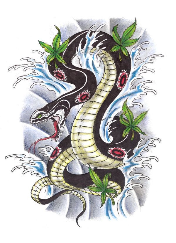 Impressive black snake with red spotted ornaments in waves tattoo design