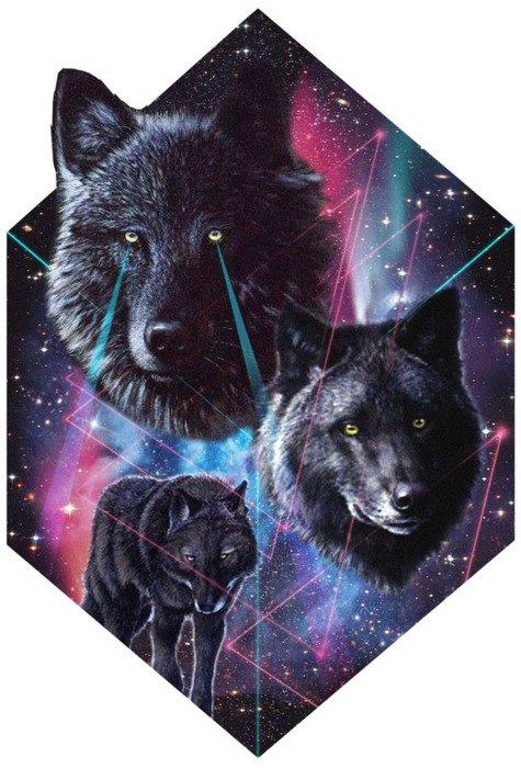 Impressive black wolfs on olorful space background tattoo design