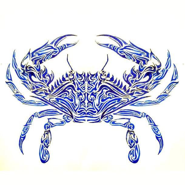 Impressive blue-ink tribal crab tattoo design