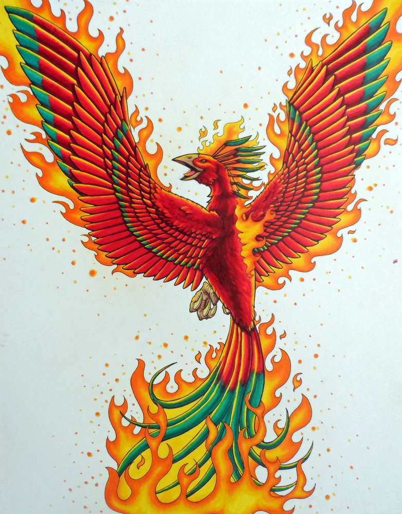 Impressive bright-colored crying phoenix covered with flame tattoo design