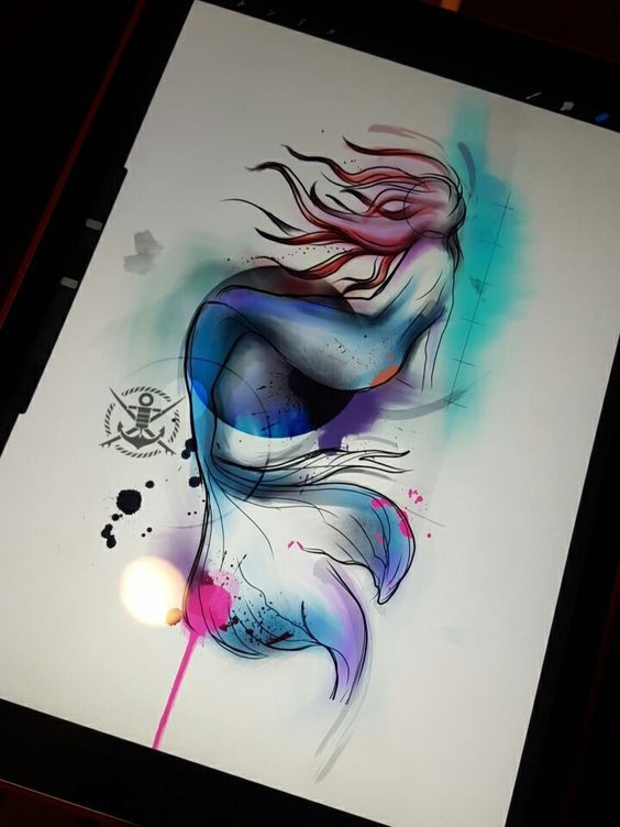 Impressive bright watercolor mermaid from back tattoo design
