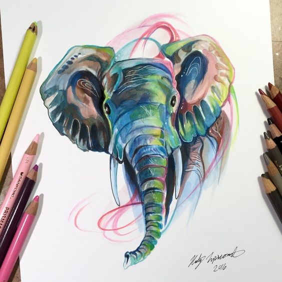 Impressive colorful elephant portrait tattoo design