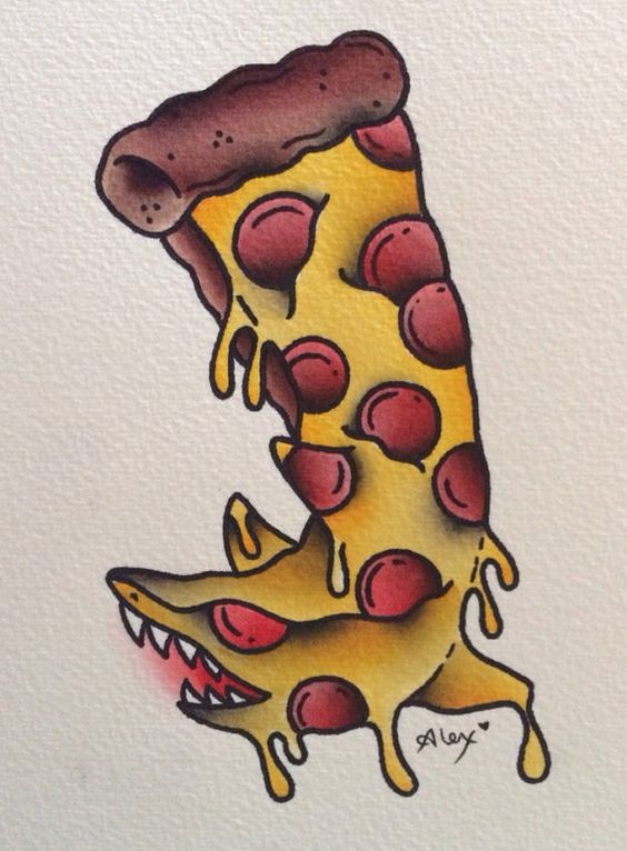 Impressive colorful old school pizza shark tattoo design