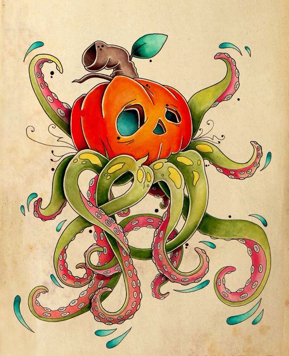 Impressive colorful pumpkin octopus with green floral tentscles tattoo design