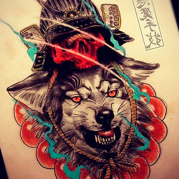 Impressive colorful wolf head and chinese skull in helmet tattoo design