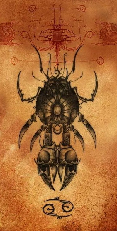 Impressive dark grey crab with skull claws tattoo design