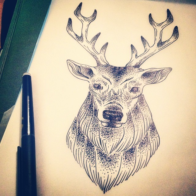 Impressive dotwork deer portrait tattoo design