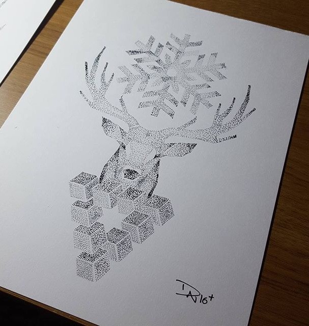 Impressive dotwork deer with geometric construction and big snowfall tattoo design