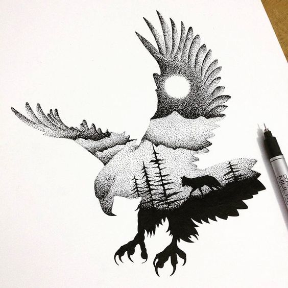 Impressive dotwork eagle with wolf in moonlight night view tattoo design