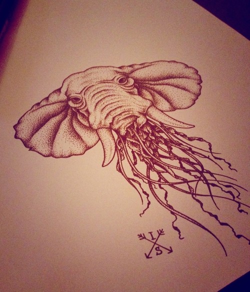 Impressive dotwork jellyfish with elephant head tattoo design