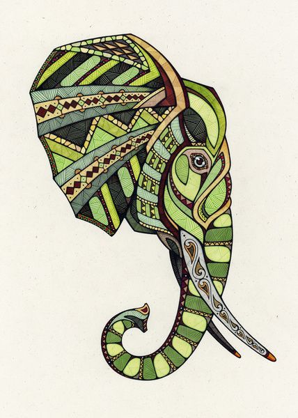 Impressive geometric elephant head in green colors tattoo design