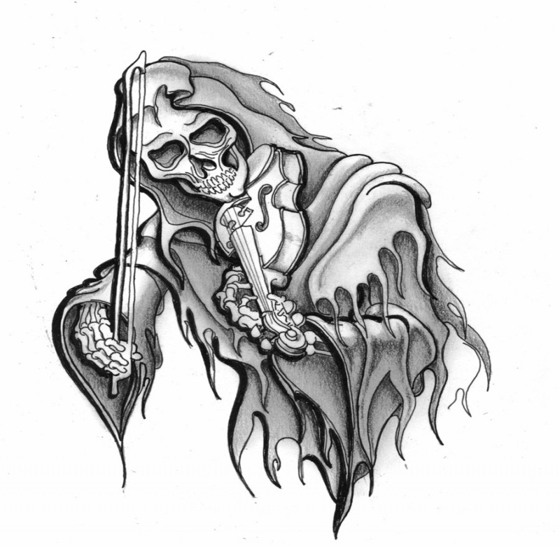 Impressive grey-ink death playing a violin tattoo design by Gwbii Design