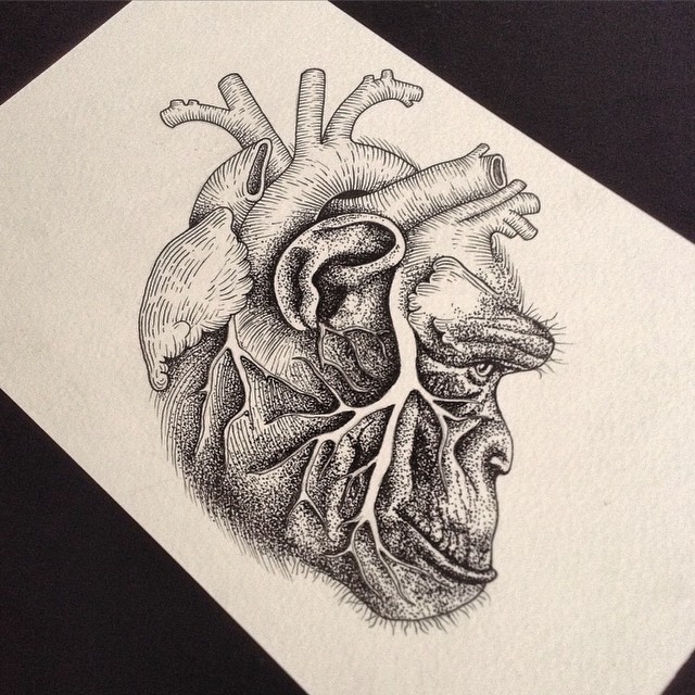 Impressive grey-ink heart-shaped chimpanzee head tattoo design