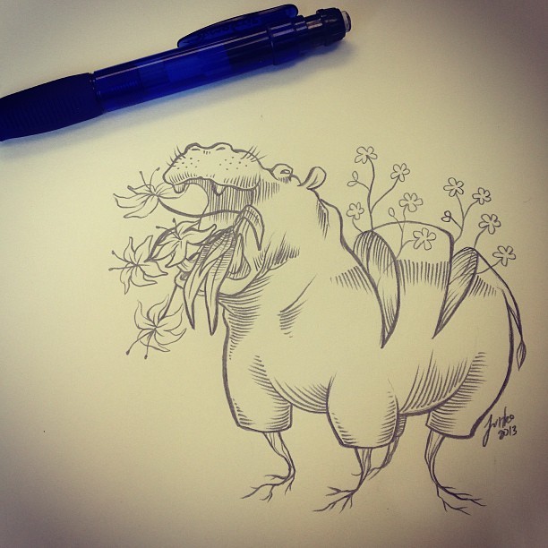 Impressive grey-ink hippo eating flowers tattoo design