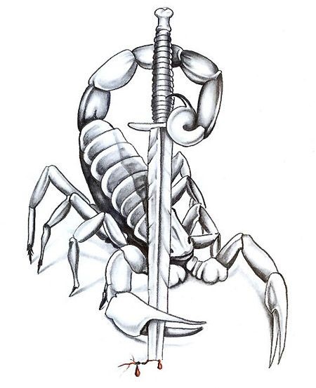 Impressive grey scorpion keeping a sword tattoo design