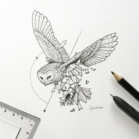 Impressive half-geometric flying owl tattoo design