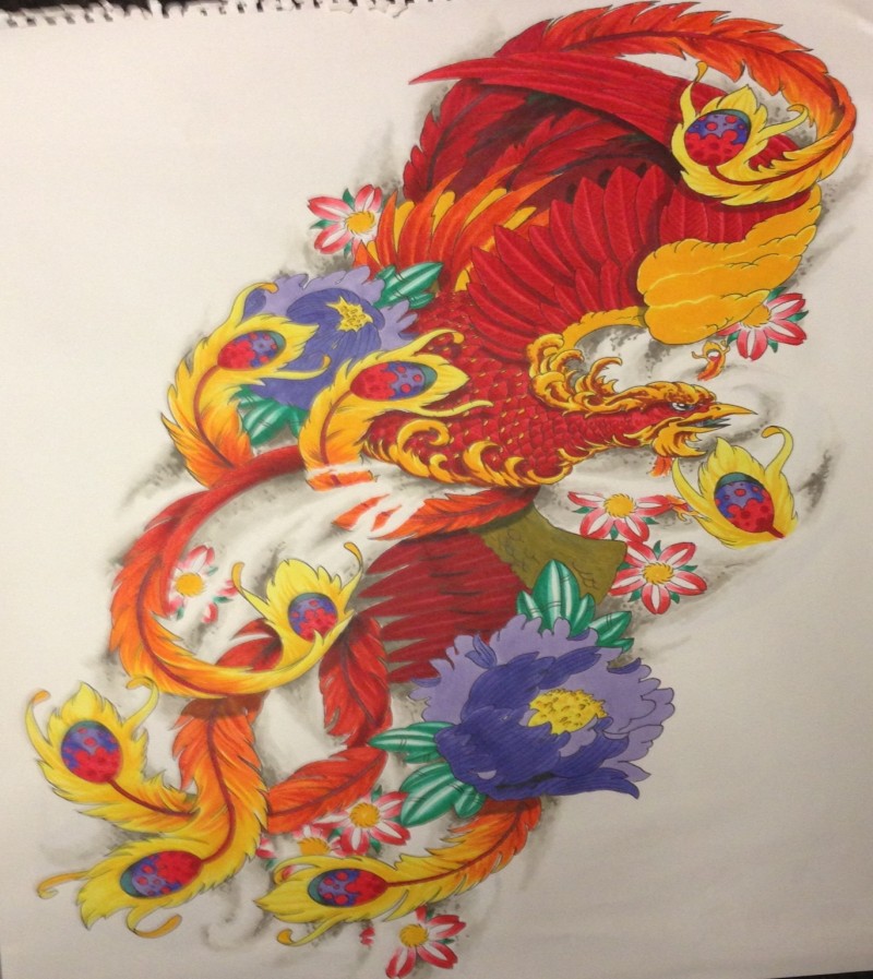 Impressive japanese style phoenix with a lot of flowers tattoo design