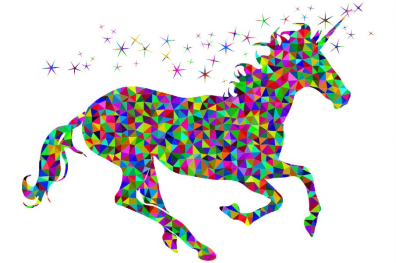 Impressive multicolor geometric running unicorn tattoo design