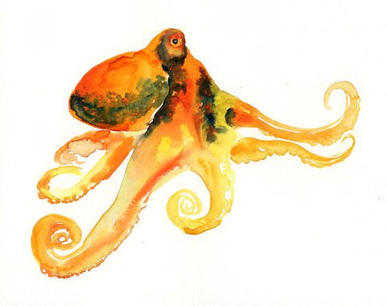 Impressive orange watercolor octopus tattoo design