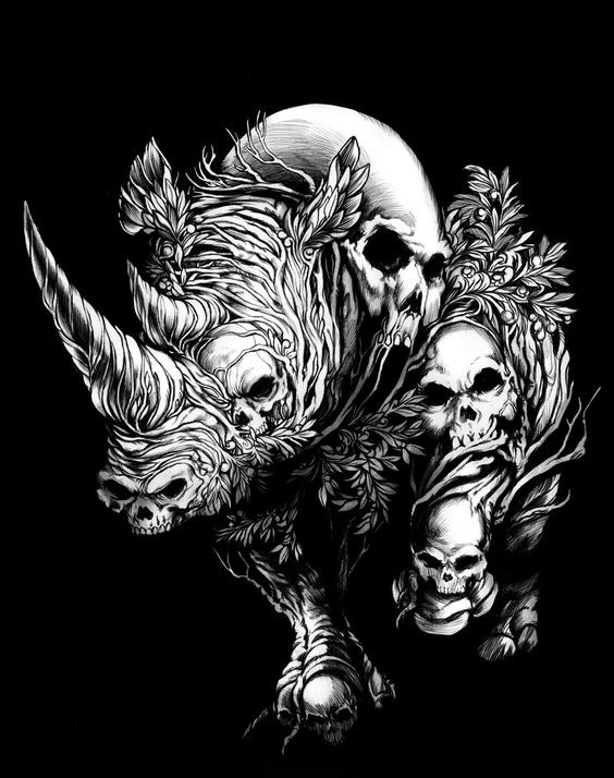 Impressive skull-patterned running rhino tattoo design