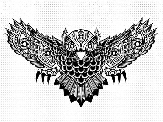 Impressive unolored owl with eye pattern tattoo design