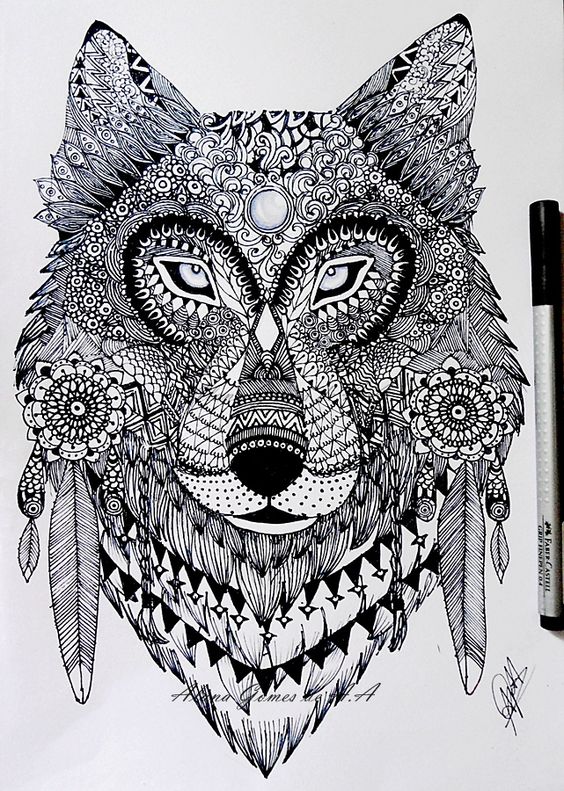 Impressive wolf with difficult pattern in indian style tattoo design