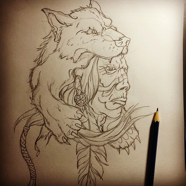 Indian man with a wolf on a head tattoo design