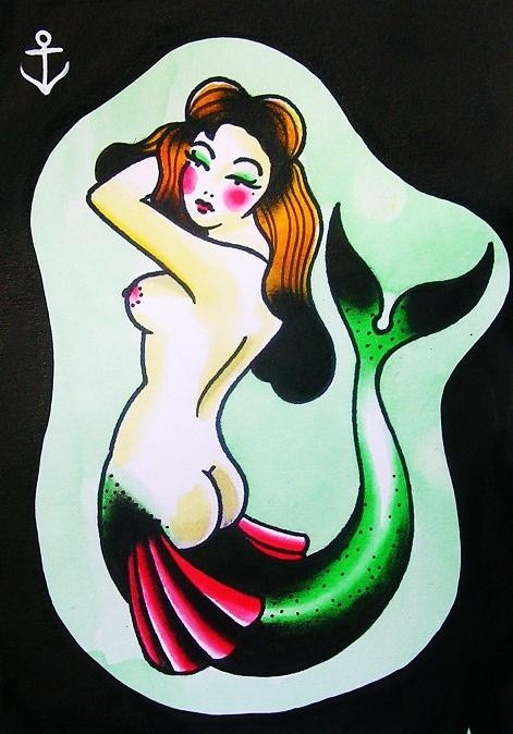 Indifferent colored old school style mermaid tattoo design